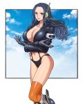  1girl artist_name black_gloves black_hair black_jacket breasts brown_eyes cleavage commentary_request eyelashes gloves happy highres jacket large_breasts long_hair looking_at_viewer navel nico_robin one_piece orange_thighhighs smile solo standing thighhighs thighs twitter_username youkan_(tako) 