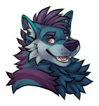  alpha_channel anthro blue_body blue_fur canid canine canis fur garnetto hair headshot_portrait hi_res looking_at_viewer male mammal open_mouth portrait purple_hair purple_nose red_eyes simple_background smile solo teeth tongue transparent_background wolf yukon 
