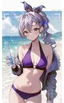  1girl alternate_costume armpit_crease bare_shoulders beach bikini black_jacket bow breasts cleavage closed_mouth commentary cowboy_shot cup disposable_cup drink expressionless fur_trim grey_eyes grey_hair hair_bow hair_ornament hair_ribbon hairclip halterneck highres holding holding_drink honkai:_star_rail honkai_(series) jacket long_hair long_sleeves looking_at_viewer navel o-ring o-ring_bikini off_shoulder open_clothes open_jacket ponytail purple_bikini revision ribbon silver_wolf_(honkai:_star_rail) small_breasts solo soybean_(hisoybean) stomach swimsuit symbol-only_commentary thigh_gap viewfinder 