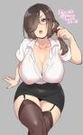  1girl adjusting_hair_ornament agawa_ryou arm_support artist_name black_skirt breasts brown_hair brown_thighhighs cleavage collarbone collared_shirt commentary covered_nipples crossed_legs dated dress_shirt english_commentary feet_out_of_frame garter_straps glasses grey_background hair_over_one_eye hair_tie hand_up invisible_chair long_hair looking_at_viewer miniskirt no_bra numbered open_mouth original pencil_skirt puffy_nipples purple_eyes semi-rimless_eyewear shirt shirt_tucked_in short_sleeves side_ponytail simple_background sitting skirt solo straight_hair swept_bangs teeth thighhighs upper_teeth_only white_shirt wing_collar 