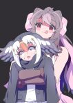  2girls :q animal_ears arms_at_sides atlantic_puffin_(kemono_friends) bare_shoulders bear_ears behind_another bergman&#039;s_bear_(kemono_friends) bird_wings black_background black_hair blonde_hair blush bow brown_hair constricted_pupils empty_eyes eyelashes fur_bracelet hair_between_eyes hair_bow hair_ornament head_wings height_difference highres hug hug_from_behind jacket kemono_friends kemono_friends_3 licking_lips long_hair long_sleeves looking_at_another looking_to_the_side mamiyama medium_hair multicolored_hair multiple_girls open_clothes open_jacket open_mouth parted_bangs purple_eyes red_eyes red_hair scared scarf shaded_face shirt simple_background sleeveless sleeveless_shirt smile sweat sweater tongue tongue_out upper_body very_long_hair white_hair wide-eyed wings yuri 