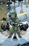  1girl alien energy_sword facepaint fingerless_gloves gloves highres holding holding_lightsaber holding_weapon lightsaber outdoors ram_(ram80) reverse_grip snow snowing solo spread_legs squatting star_wars sword togruta tree weapon yellow_lightsaber 