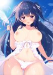  1girl :d absurdres ass_visible_through_thighs black_hair blue_sky blush breasts brown_eyes cameltoe cloud cow day dress hair_between_eyes hair_ribbon highres holding holding_hose hose kagerou_(shadowmage) long_hair looking_at_viewer medium_breasts navel nipples no_bra non-web_source open_clothes open_mouth open_shirt original outdoors panties ribbon sky smile solo standing stomach sundress sunlight thighs underwear very_long_hair wardrobe_malfunction water water_drop wet wet_clothes white_dress white_panties wide_hips 
