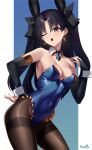  1girl absurdres animal_ears armlet black_hair blue_leotard breasts brown_pantyhose covered_navel detached_collar detached_sleeves earrings fake_animal_ears fate/grand_order fate_(series) gold_trim hair_ribbon highleg highleg_leotard highres hoop_earrings ishtar_(fate) jewelry kurozawa_yui leotard long_hair looking_at_viewer medium_breasts one_eye_closed open_mouth pantyhose parted_bangs playboy_bunny rabbit_ears rabbit_tail red_eyes ribbon solo tail thighband_pantyhose thighs two_side_up wrist_cuffs 