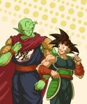  2boys antennae arm_warmers armor baggy_pants bardock bardock_(cosplay) bare_shoulders biceps black_hair blue_pants blush breastplate cape closed_mouth colored_skin commentary_request cosplay cosplay_request cowboy_shot dougi dragon_ball dragon_ball_z fake_scar green_skin hand_up headband highres holding holding_marker koukyouji looking_at_another male_focus marker multiple_boys muscular muscular_male namekian open_mouth pants piccolo pointy_ears red_cape red_headband red_sash saiyan_armor sash simple_background son_goku spiked_hair standing sweatdrop v-shaped_eyebrows yellow_background 
