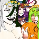  1girl 3boys ashiya_douman_(fate) bare_pectorals breast_sucking closed_eyes clown dreamraga enkidu_(fate) evil_smile fangs fate/grand_order fate_(series) fujimaru_ritsuka_(female) gacha green_hair hair_between_eyes hair_ornament hair_scrunchie half-closed_eyes hand_on_another&#039;s_chest holy_grail_(fate) large_pectorals level_up light_purple_hair meme mephistopheles_(fate) multicolored_hair multiple_boys open_mouth orange_hair pale_skin pectorals portrait scrunchie sketch smile sweatdrop two-tone_hair white_background 