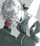  1boy cassock closed_eyes covered_mouth feet_out_of_frame flower glasses grey_background greyscale hair_over_one_eye hair_ribbon holding holding_flower jewelry kanae_(nijisanji) knees_to_chest knees_up long_hair low_ponytail male_focus mole mole_under_eye monochrome necklace nijisanji red_flower red_rose ribbon rose sitting spot_color stole suekane_kumiko virtual_youtuber 