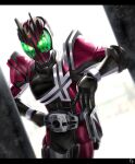  1boy absurdres armor backlighting black_armor commentary compound_eyes decadriver driver_(kamen_rider) english_commentary forehead_jewel green_eyes hand_on_own_hip highres kamen_rider kamen_rider_dcd kamen_rider_decade pink_armor reiei_8 rider_belt shoulder_armor solo upper_body 