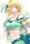  1girl ;d bare_shoulders bikini blonde_hair bob_cut bow breasts commentary_request ebi_puri_(ebi-ebi) fire_emblem fire_emblem:_three_houses fire_emblem_heroes green_bikini green_bow green_eyes green_ribbon hair_ribbon ingrid_brandl_galatea ingrid_brandl_galatea_(summer) large_breasts looking_at_viewer navel off-shoulder_bikini off_shoulder one_eye_closed open_mouth ribbon short_hair smile solo stomach swimsuit upper_body 