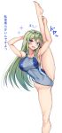  1girl :d absurdres alternate_costume amagi_(amagi626) bare_legs bare_shoulders barefoot blue_eyes breasts competition_swimsuit frog_hair_ornament green_hair hair_ornament highres kochiya_sanae large_breasts leg_lift legs long_hair looking_at_viewer navel one-piece_swimsuit open_mouth simple_background smile snake_hair_ornament solo split standing standing_on_one_leg standing_split swimsuit touhou translated white_background 