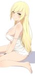  1girl absurdres bare_shoulders barefoot blonde_hair breasts camui1104 closed_mouth commentary_request dress feet from_side hands_on_floor highres kiss-shot_acerola-orion_heart-under-blade kizumonogatari large_breasts light_blush long_hair looking_at_viewer monogatari_(series) on_floor oshino_shinobu pointy_ears shadow short_dress sidelocks simple_background sitting smile solo strap_slip swept_bangs toes turning_head very_long_hair wariza white_background white_dress yellow_eyes 