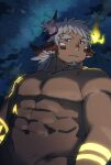  1boy abs animal_ears arm_tattoo arms_at_sides asymmetrical_horns bara completely_nude cow_boy cow_ears cow_horns dark-skinned_male dark_skin expressionless eye_black facial_hair fiery_horns forked_eyebrows glowing_horns glowing_tattoo goatee grey_hair groin haishiba_ame horns large_pectorals long_hair looking_at_viewer low_ponytail male_focus mismatched_horns muscular muscular_male nipples nude out-of-frame_censoring pectorals sideburns_stubble sky solo spiked_hair star_(sky) starry_sky stomach strongman_waist tattoo thick_eyebrows tokyo_afterschool_summoners tribal tribal_tattoo turning_head wakan_tanka wakan_tanka_mugen 