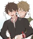  2boys blush brown_hair chinese_commentary chinese_text closed_eyes closed_mouth commentary_request ensemble_stars! facing_viewer gradient_background green_eyes highres hood hood_down jacket long_sleeves male_focus morisawa_chiaki multiple_boys naihowda open_mouth short_hair smile takamine_midori teeth translation_request upper_body upper_teeth_only yaoi 