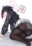  1girl :o absurdres all_fours anger_vein animal_ears asashin_(asn) ass bed_sheet black_hair black_jacket black_pantyhose blue_archive blunt_ends blush cat_ears grey_skirt halo highres hood hooded_jacket jacket kazusa_(blue_archive) long_sleeves looking_at_viewer looking_back multicolored_hair panties panties_under_pantyhose pantyhose pink_eyes pink_hair pleated_skirt school_uniform skirt solo spoken_anger_vein two-tone_hair underwear white_panties 