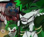  anthro blablasaur comic duo forked_tongue fur gold_(metal) gold_jewelry green_body green_eyes green_fur horn jewelry male male/male mawplay mouth_shot necklace open_mouth raishin teeth_showing tongue vore 
