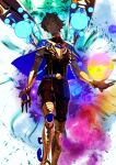  arjuna_(fate) arjuna_alter_(fate) black_hair dark_skin earth_(planet) fate/grand_order fate_(series) flower gold_armor horns looking_at_viewer mechanical_wings official_art pako_(pakosun) planet purple_flower wings 