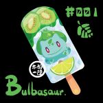  black_background bright_pupils bulbasaur character_name food food_focus fruit kariki_hajime kiwi_(fruit) kiwi_slice leaf lime_(fruit) lime_slice no_humans pokedex_number pokemon pokemon_(creature) popsicle red_eyes white_pupils 