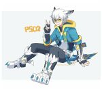  1boy animal_ears animal_feet avatar_(pso2) black_pants blue_jacket boots claws full_body hair_between_eyes hand_up hood hood_down hooded_jacket jacket ketaru looking_at_viewer male_focus pants paw_shoes phantasy_star phantasy_star_online_2 short_hair sitting slit_pupils smirk solo v white_background white_hair yellow_eyes 