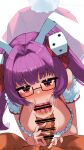  1boy 1girl absurdres animal_ears bar_censor blush bow breasts censored detached_sleeves di_gi_charat dice_hair_ornament dress fellatio frilled_dress frills glasses hair_bow hair_intakes hair_ornament haman_mahaman highres large_breasts long_hair oral penis purple_hair rabbit_ears red_bow red_dress red_eyes simple_background sweat twintails usada_hikaru white_background 