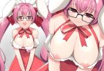  1girl animal_ears bow breasts choker cleavage detached_sleeves di_gi_charat dice_hair_ornament downblouse dress from_above glasses hair_bow hair_ornament kunugi_miyaco large_breasts long_hair looking_at_viewer multiple_views nipples open_mouth pink_hair rabbit_ears red_bow red_eyes red_ribbon ribbon ribbon_choker short_sleeves simple_background twintails usada_hikaru 