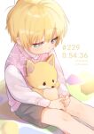  1boy 2022 black_shorts blonde_hair blue_eyes blush dated highres looking_down male_child nanaura_narina original pink_sweater_vest puffy_cheeks shirt short_hair shorts sitting stuffed_animal stuffed_fox stuffed_toy sweater_vest timestamp white_background white_shirt 