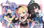  3girls amakomo_linon anshinin_misa anshinin_misa_(artist) black_hair blue_eyes blue_hair double_v gloves kanra_deity light_blue_hair low_twintails multicolored_hair multiple_girls open_mouth ponytail red_eyes twintails v vee_(vtuber) white_gloves 