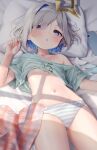  1girl :o absurdres amane_kanata angel_wings blanket blue_hair blush cellphone colored_inner_hair flat_chest grey_hair hair_intakes hair_over_one_eye halo highres hololive kawara_purin looking_at_viewer lying multicolored_hair navel no_bra no_pants on_back on_bed panties phone pillow pp_tenshi_t-shirt purple_eyes shirt short_sleeves single_bare_shoulder smartphone solo striped striped_panties t-shirt underwear virtual_youtuber window_shade wings 