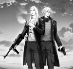  2boys black_nails cigarette coat daybit_sem_void fate/grand_order fate_(series) flapper_shirt greyscale gun hand_around_waist hiraitatogta holding holding_cigarette holding_gun holding_weapon long_hair machine_gun medallion midriff_peek monochrome multiple_boys no_eyewear pants shirt short_hair smoke smoking striped striped_shirt tezcatlipoca_(fate) weapon 