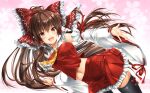  1girl ascot bare_shoulders black_thighhighs blush bow brown_eyes brown_hair detached_sleeves floral_background frilled_bow frilled_hair_tubes frills hair_bow hair_tubes hakurei_reimu kamiya_tomoe long_hair looking_at_viewer navel nipples open_mouth pink_background red_bow red_skirt ribbon-trimmed_sleeves ribbon_trim skirt skirt_set smile solo thighhighs touhou yellow_ascot 