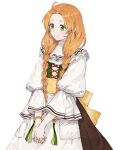  1girl ahoge artist_request atelier_(series) atelier_marie bodice bracelet braid closed_mouth collar dress frilled_collar frills green_eyes hair_over_shoulder jewelry long_hair long_sleeves official_art orange_hair own_hands_together pocket ring schia_donnerstage simple_background smile solo standing twin_braids white_dress wide_sleeves 