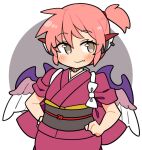  1girl alternate_costume animal_ears bird_ears bird_wings blush brown_kimono closed_mouth earrings fang grey_eyes hands_on_own_hips ini_(inunabe00) japanese_clothes jewelry kimono mystia_lorelei obi one_side_up pink_hair sash short_hair short_sleeves single_earring skin_fang smile solo touhou upper_body white_wings wings 