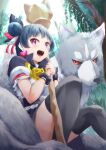  1girl :d absurdres black_capelet black_sclera black_thighhighs black_wristband blue_hair brooch capelet colored_sclera commentary dark_blue_hair day earrings feather_hair_ornament feathers forest genjitsu_no_yohane grey_wolf hair_bun hair_ornament hayaoki_(asagi-iro_seishun-bu) heart heart_earrings highres holding holding_staff jewelry knees_up light_rays looking_at_viewer love_live! love_live!_sunshine!! nature on_animal open_mouth outdoors puffy_short_sleeves puffy_sleeves purple_eyes red_eyes shirt short_sleeves single_side_bun sitting sitting_on_animal smile staff sunbeam sunlight teeth thighhighs tongue tsushima_yoshiko upper_teeth_only white_shirt wolf 