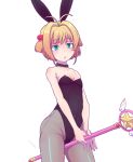  1girl animal_ears batta_16-sei black_choker blush cardcaptor_sakura choker green_eyes highres holding holding_wand kinomoto_sakura leotard open_mouth playboy_bunny rabbit_ears simple_background solo wand white_background 