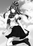  1girl breasts frilled_ribbon frills front_ponytail greyscale highres kageharu kagiyama_hina long_hair medium_breasts midriff_peek monochrome ribbon school_uniform serafuku shoes skirt smile socks solo touhou 