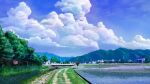  blue_sky bridge building chain-link_fence cloud commentary_request day fence highres house koyama_satsuki mountain mountainous_horizon no_humans original outdoors power_lines railing rice_paddy road rural scenery sign sky stream summer tree vanishing_point 