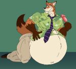  2022 absurd_res anthro barefoot belly big_belly bottomwear canid canine clenched_teeth clothed clothing disney dress_shirt feet food fox fur hand_on_stomach hi_res holding_food holding_object holding_popsicle jakeshepherd502 kneeling looking_at_viewer male mammal navel necktie nick_wilde obese obese_anthro obese_male overweight overweight_anthro overweight_male pants popsicle raised_tail shirt solo tail teeth topwear zootopia 