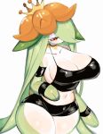  big_breasts bottomwear breasts cleavage clothed clothing crop_top elemental_creature female flora_fauna generation_5_pokemon green_hair hair hair_over_eye hotpants humanoid latex_clothing lilligant long_hair nintendo one_eye_obstructed plant pokemon pokemon_(species) red_eyes shirt shorts solo standing topwear usa37107692 white_body wide_hips 