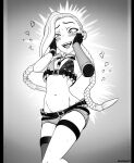  1girl artist_name asymmetrical_gloves bikini bikini_top_only blush braid commentary contrapposto english_commentary fingerless_gloves flat_chest gloves greyscale groin hands_on_own_cheeks hands_on_own_face heart highres jewelry jinx_(league_of_legends) league_of_legends long_hair low_twin_braids lowleg lowleg_shorts monochrome necklace raised_eyebrow saliva short_shorts shorts skinny skuddbutt solo swimsuit thigh_strap tongue tongue_out twin_braids very_long_hair 