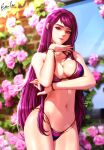  1girl alternate_costume arm_under_breasts bikini blue_bikini breasts cleavage cowboy_shot cut_bangs esther_shen fire_emblem fire_emblem_engage flower ivy_(fire_emblem) large_breasts long_hair looking_at_viewer mole mole_under_mouth navel outdoors pink_flower purple_eyes purple_hair rose signature solo swimsuit very_long_hair 