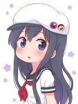  1girl black_hair black_sailor_collar blush character_pin commentary_request double-parted_bangs floral_background hair_between_eyes hat_pin higero_(wataten) highres long_hair looking_to_the_side neckerchief parted_lips purple_eyes red_neckerchief sailor_collar shirosaki_hana shirt short_sleeves sidelocks simple_background solo tanukikouji_midori upper_body watashi_ni_tenshi_ga_maiorita! white_background white_headwear white_shirt 