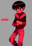  1boy akira brown_eyes closed_mouth copyright_name crossed_arms feet_out_of_frame frown gloves grey_background highres jacket kaneda_shoutarou_(akira) knee_pads leather leather_jacket looking_to_the_side male_focus menma_(enaic31) monochrome pants red_theme short_hair solo 