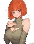  1girl absurdres alternate_breast_size bare_shoulders bluefield bob_cut breasts bright_pupils brown_eyes cleavage cleavage_cutout closed_mouth clothing_cutout commentary green_sweater hand_on_own_chest heart highres large_breasts light_blush long_sleeves looking_at_viewer mcdonald&#039;s meme_attire mother_(yoru_mac) open-chest_sweater orange_hair patreon_username ribbed_sweater short_hair shoulder_cutout simple_background smile solo sweater turtleneck turtleneck_sweater upper_body white_background white_pupils yoru_mac 