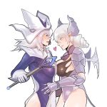 2girls armor armored_leotard blue_eyes blush breast_press breasts cleavage closed_mouth cuirass demon_girl demon_horns demon_wings dress duel_monster eye_contact gauntlets gloves grey_eyes grey_hair happymountain97 hat heart highres hip_vent holding horns lady_labrynth_of_the_silver_castle large_breasts long_hair looking_at_another lovely_labrynth_of_the_silver_castle low_wings multiple_girls open_mouth pointy_ears silent_magician simple_background spread_cleavage staff symmetrical_docking transparent_wings twintails white_background white_gloves white_hair wings witch_hat wizard_hat yu-gi-oh! 