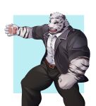  1boy absurdres alternate_costume alternate_facial_hair animal_ears any_(7624455) arknights bara beard collared_shirt facial_hair feet_out_of_frame frown furry furry_male highres large_pectorals male_focus mountain_(arknights) muscular muscular_male pectorals scar scar_across_eye shirt short_hair solo standing thick_eyebrows tiger_boy tiger_ears tiger_stripes white_fur white_hair 