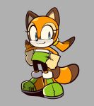 animal_ears animal_nose blue_eyes closed_mouth english_commentary full_body furry furry_female gloves green_shirt grey_background hands_on_own_hips highres looking_at_viewer low_twintails marine_the_raccoon raccoon_ears raccoon_girl raccoon_tail shirt shoes smile solo sonic_(series) sonic_rush_adventure standing strapless strapless_shirt tail toby_s. twintails 