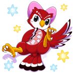  2020 animal_crossing anthro avian bird celeste_(animal_crossing) female legs_up looking_at_viewer lying nintendo nude on_back owl pink_hair_bow red_body signature simple_background solo sparkling_eyes suggestive_pose talons vavacung white_background 