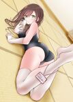  1girl @_@ ass bare_shoulders blush breasts brown_hair cellphone elbow_gloves feet_up gloves green_eyes highres holding holding_phone indoors long_hair lying medium_breasts on_floor on_stomach oouso original parted_lips phone selfie smartphone solo tatami translation_request trefoil white_gloves 