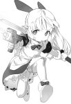  1girl absurdres apron boots dress gloves greyscale gun highres hoihoi-san holding holding_gun holding_sword holding_weapon ichigeki_sacchuu!!_hoihoi-san jiryu50610218 long_hair monochrome panties parted_lips pointy_ears puffy_short_sleeves puffy_sleeves short_sleeves simple_background solo sweat sword underwear weapon 