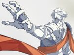  1boy achilles_(fate) armor fate/apocrypha fate_(series) gauntlets grey_background haruakira looking_to_the_side male_focus monochrome orange_eyes orange_sash reaching short_hair simple_background solo spot_color undercut upper_body 