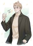  1boy black_jacket blonde_hair blue_eyes bunet_(fire_emblem) coffee_cup cup disposable_cup fire_emblem fire_emblem_engage hand_in_pocket highres holding holding_cup jacket long_sleeves looking_at_viewer open_clothes open_jacket open_mouth short_hair sweater tori_art07 turtleneck turtleneck_sweater 